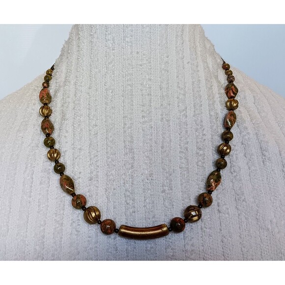 Beautiful Artisan Unakite Jasper & Metallic Beaded Necklace 22 in - Picture 1 of 8